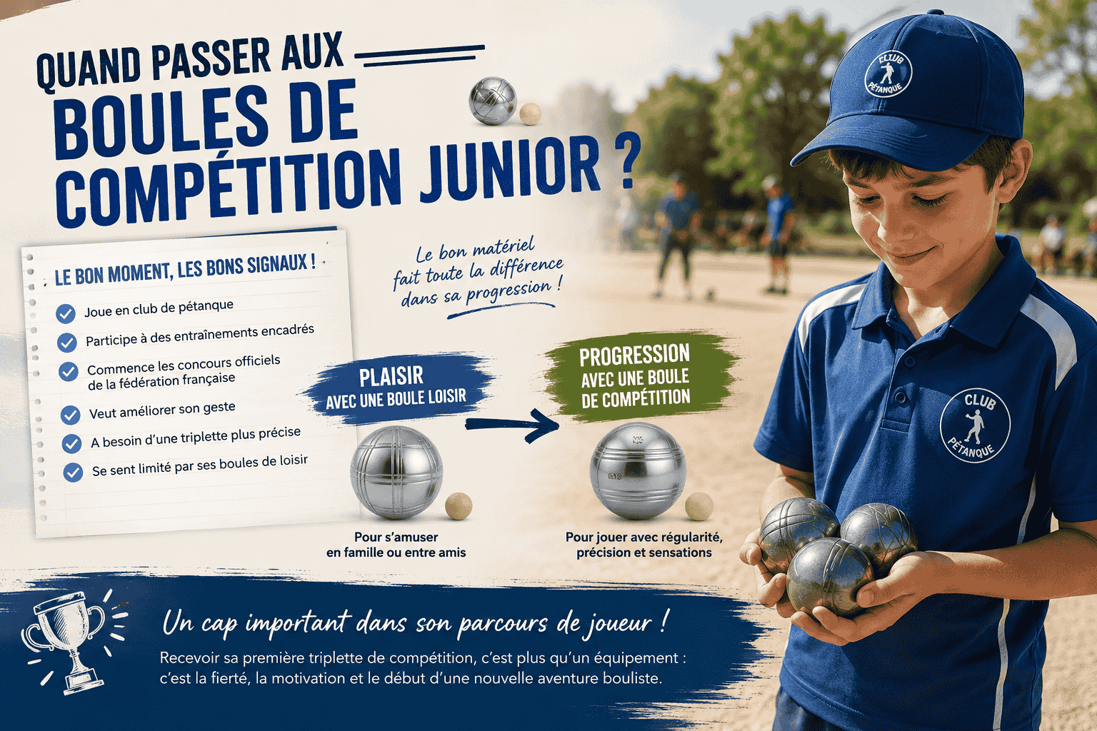 Jeune joueur tenant ses premières boules de compétition junior sur un terrain de pétanque